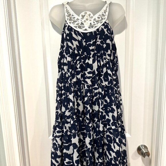 Madison Paige Navy & White Chiffon Ruffle Dress w/Neckline Details, Size L - Picture 1 of 15